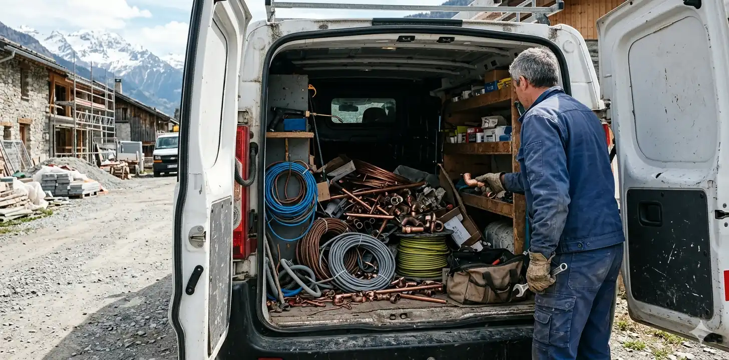Artisan plombier avec chutes de tuyaux cuivre dans sa camionnette de chantier en Savoie