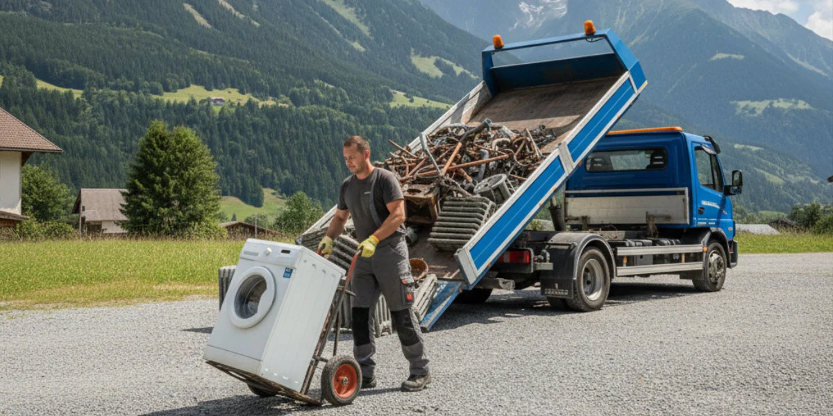 Chargement de ferraille dans un camion à l'aide d'un diable — intervention ferrailleur chez un particulier