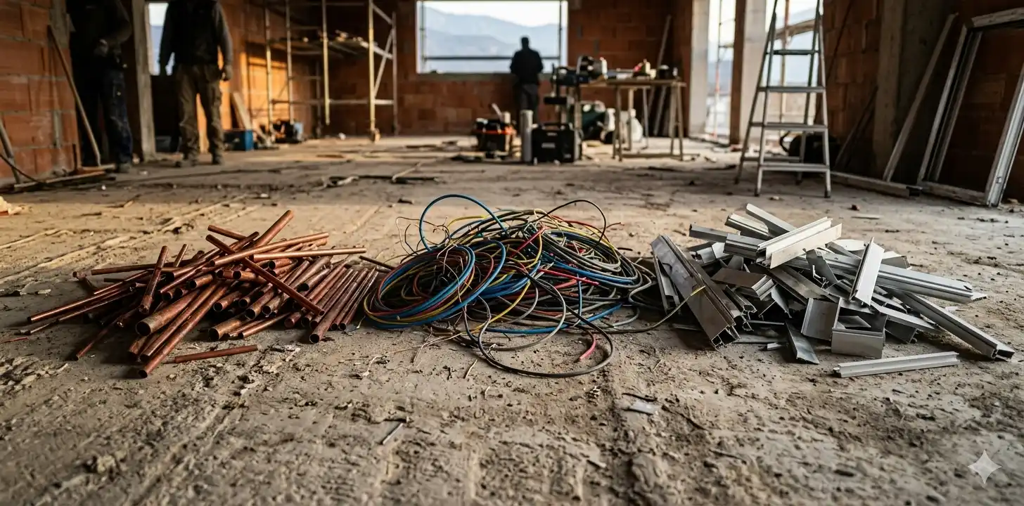 Chutes de cuivre, câbles et ferraille triées sur un chantier BTP — prêtes pour le ferrailleur