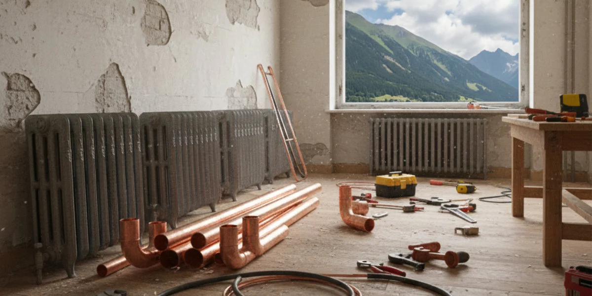 Débarras de ferraille lors d'une rénovation de chalet en Savoie — radiateurs et tuyaux cuivre à enlever