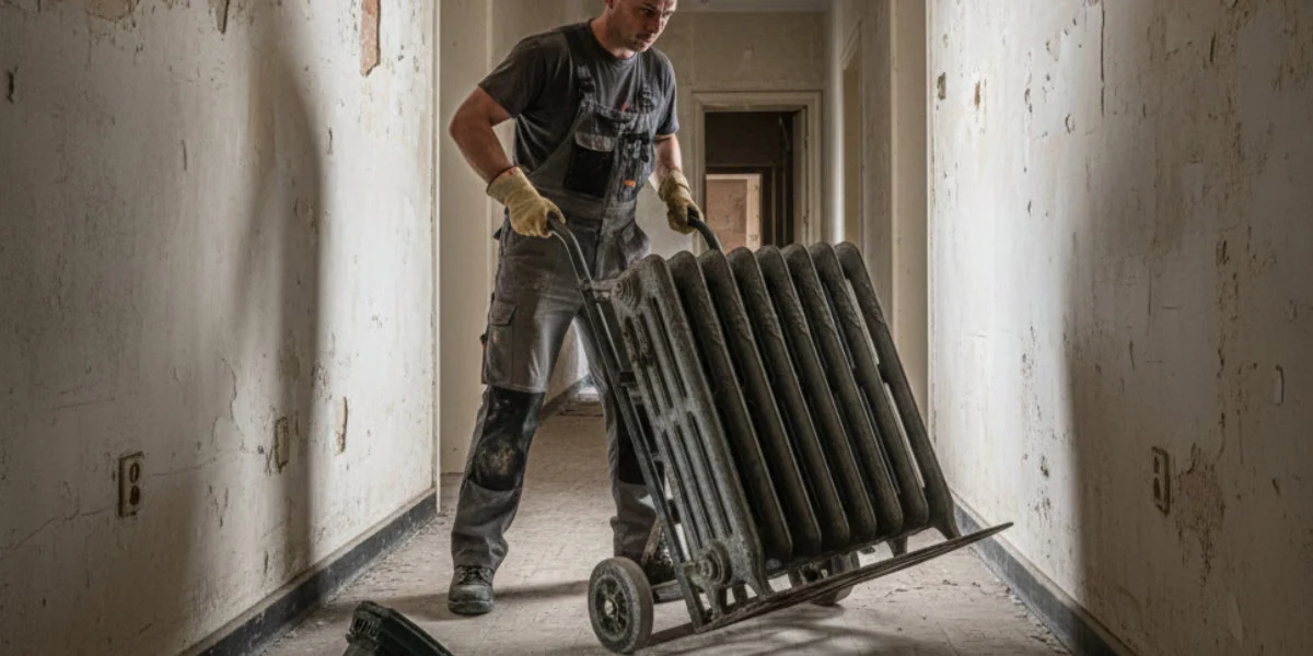 Ferrailleur équipé pour déplacer un radiateur en fonte lourd — intervention à domicile en Savoie